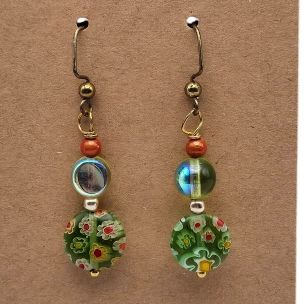 Millefiori Glass Bead Dangle Earrings Whimsical Cottagecore Fairycore Boho